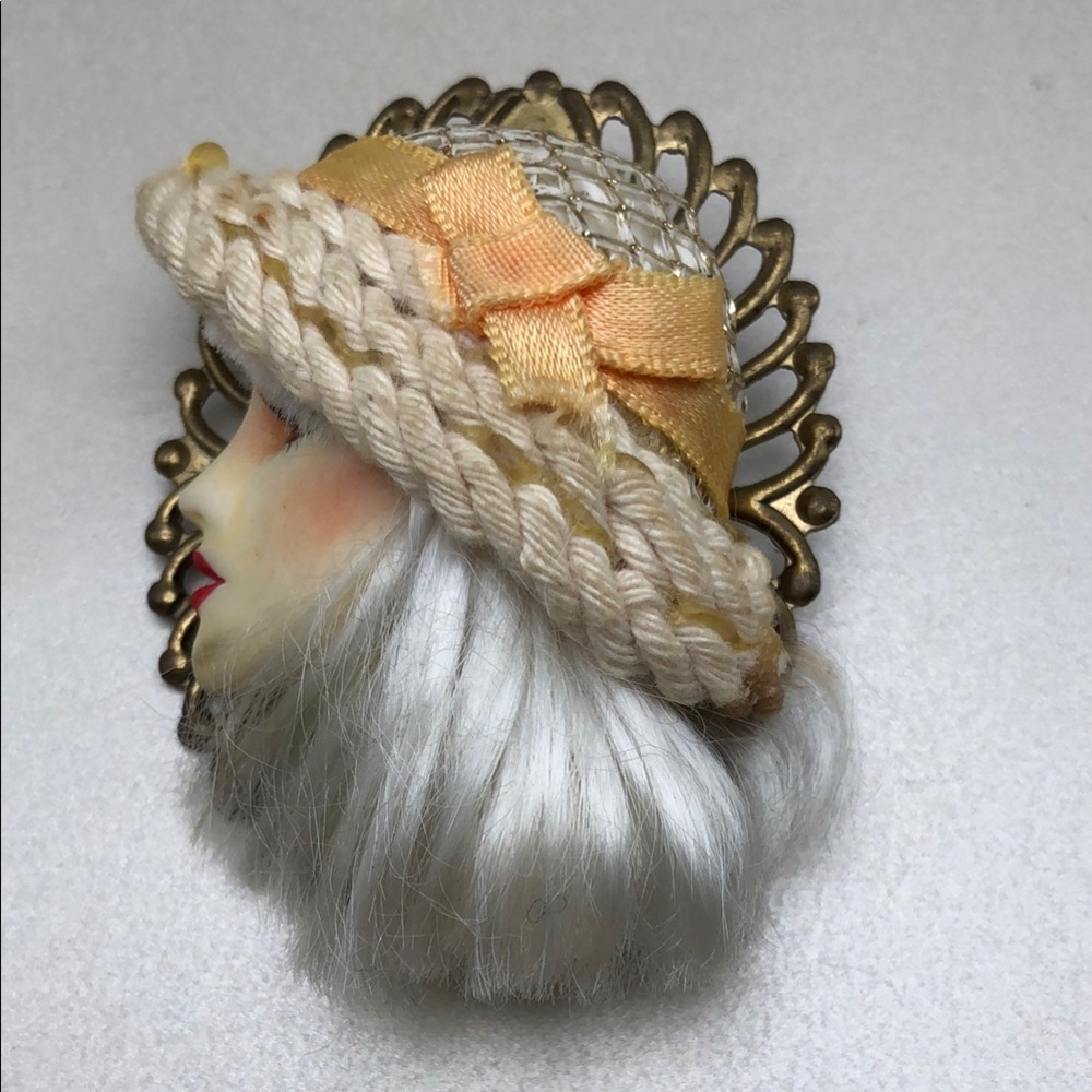 Cream and Yellow Woman Face Brooch Hat Pin — Elegant Vintage-Accessory